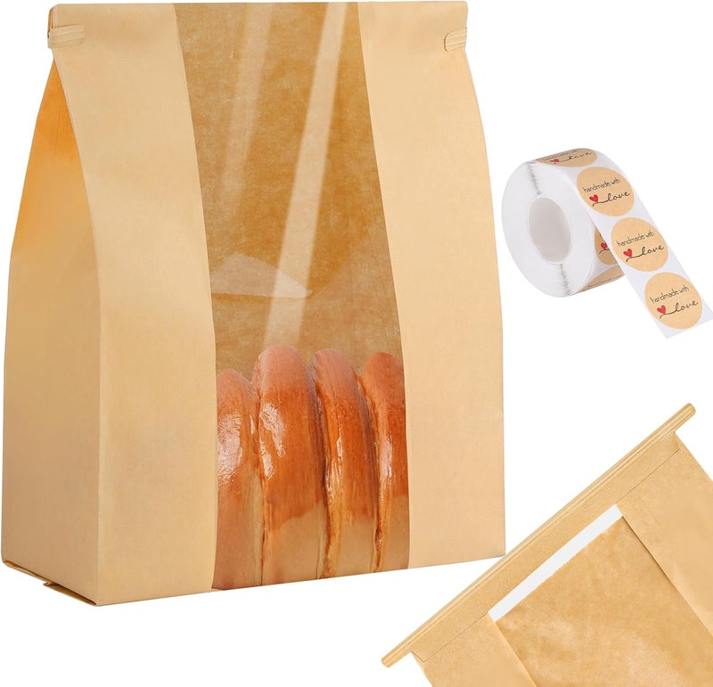 woric 120 Bread Bags for Homemade Bread, Sourdough Bread Bag with Window 14" X 8.3" X 3.5" Large Paper Bakery Bags with Tin Tie Tab Lock Stickers for Food Cookies Packaging Storage - Image 1